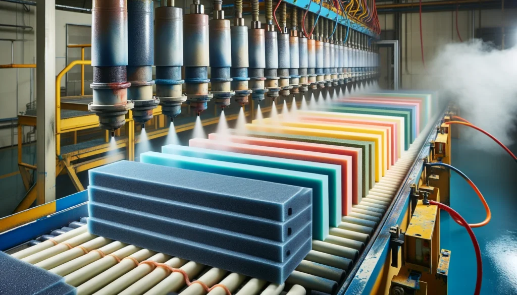 Acoustic foam panels being dyed in factory